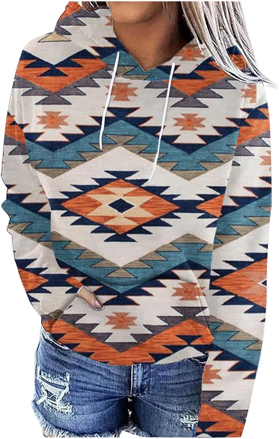 Ceboyel Women Western Aztec Hoodies Fashion Sweatshirt Pullover Ethnic Vintage Graphic Shirts Tops Causal Fall Clothes