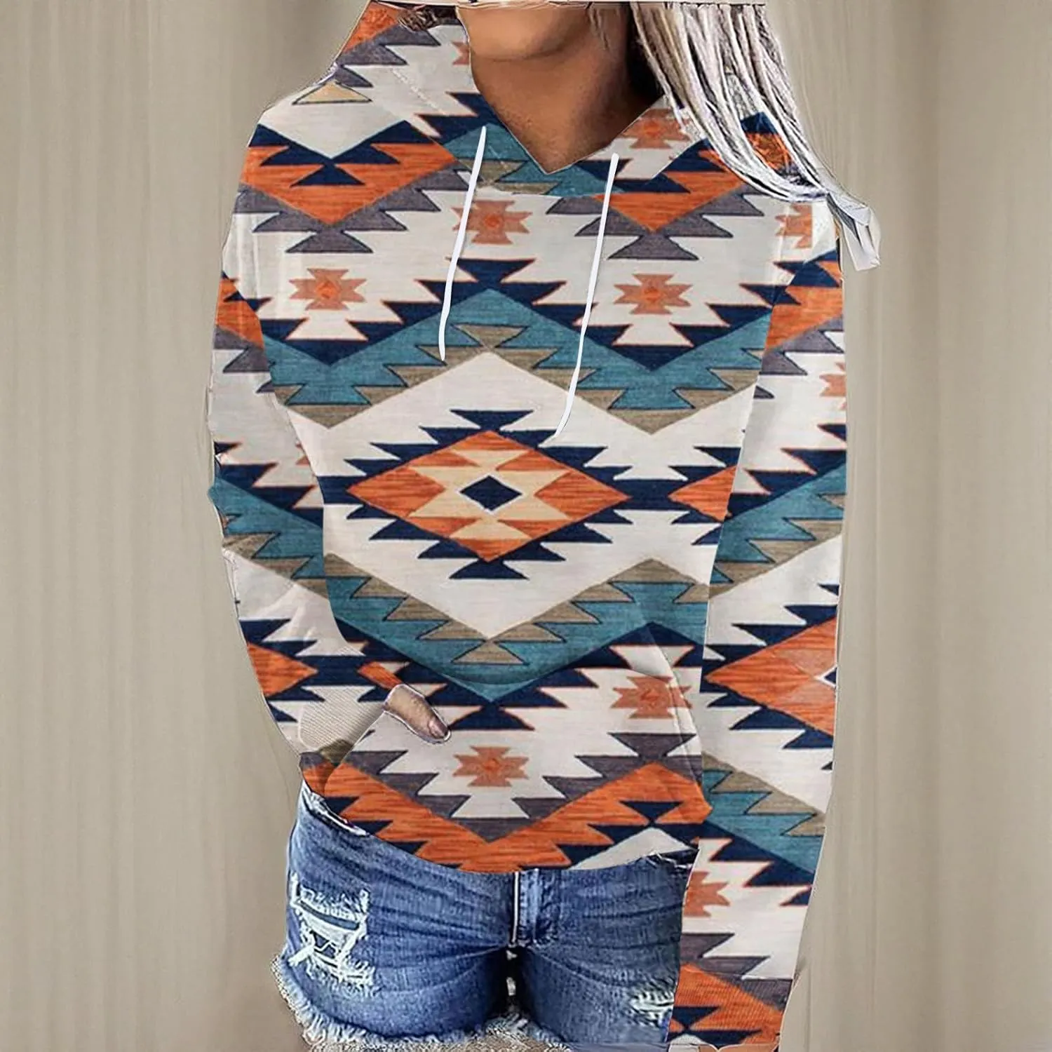 Ceboyel Women Western Aztec Hoodies Fashion Sweatshirt Pullover Ethnic Vintage Graphic Shirts Tops Causal Fall Clothes