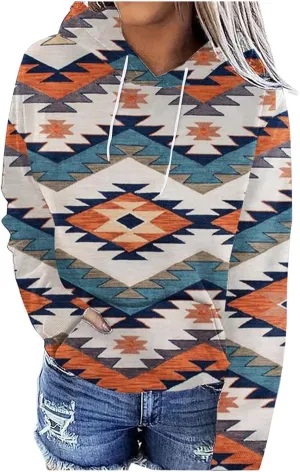 Ceboyel Women Western Aztec Hoodies Fashion Sweatshirt Pullover Ethnic Vintage Graphic Shirts Tops Causal Fall Clothes