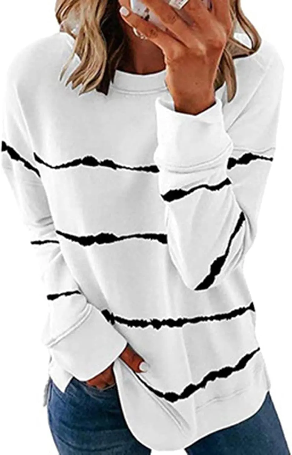 Ceboyel Womens Crew Neck Sweatshirt 2023 Striped Color Block Blouese Shirts Long Sleeve Pullover Tops Fall Fashion Clothes