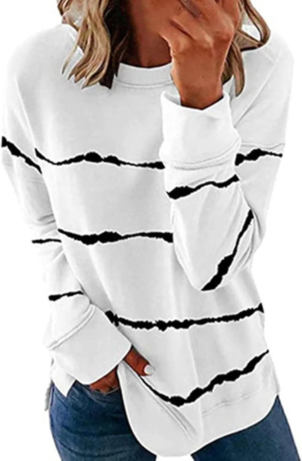 Ceboyel Womens Crew Neck Sweatshirt 2023 Striped Color Block Blouese Shirts Long Sleeve Pullover Tops Fall Fashion Clothes