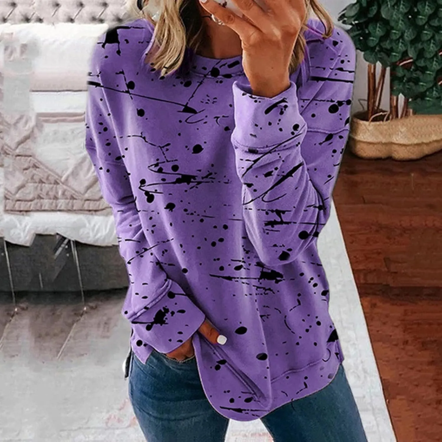 Ceboyel Womens Crew Neck Sweatshirt 2023 Striped Color Block Blouese Shirts Long Sleeve Pullover Tops Fall Fashion Clothes