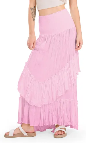 CHARTOU Women Boho Maxi Convertible Skirt Wide Smocked Elastic Waist Asymmetric Ruffle Strapless Dress