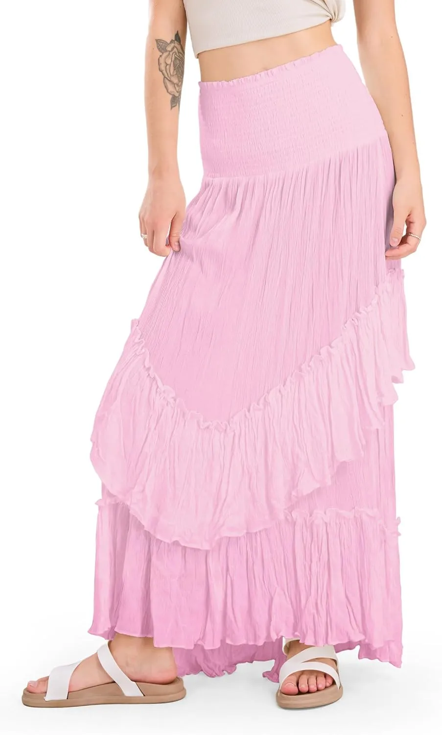 CHARTOU Women Boho Maxi Convertible Skirt Wide Smocked Elastic Waist Asymmetric Ruffle Strapless Dress