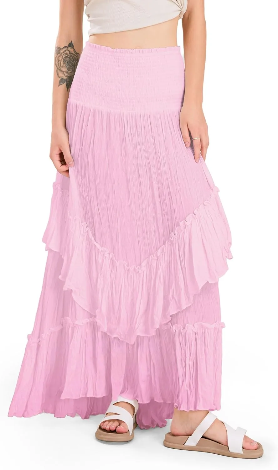 CHARTOU Women Boho Maxi Convertible Skirt Wide Smocked Elastic Waist Asymmetric Ruffle Strapless Dress