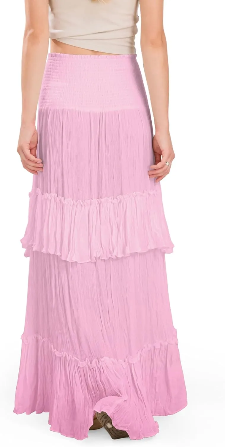 CHARTOU Women Boho Maxi Convertible Skirt Wide Smocked Elastic Waist Asymmetric Ruffle Strapless Dress