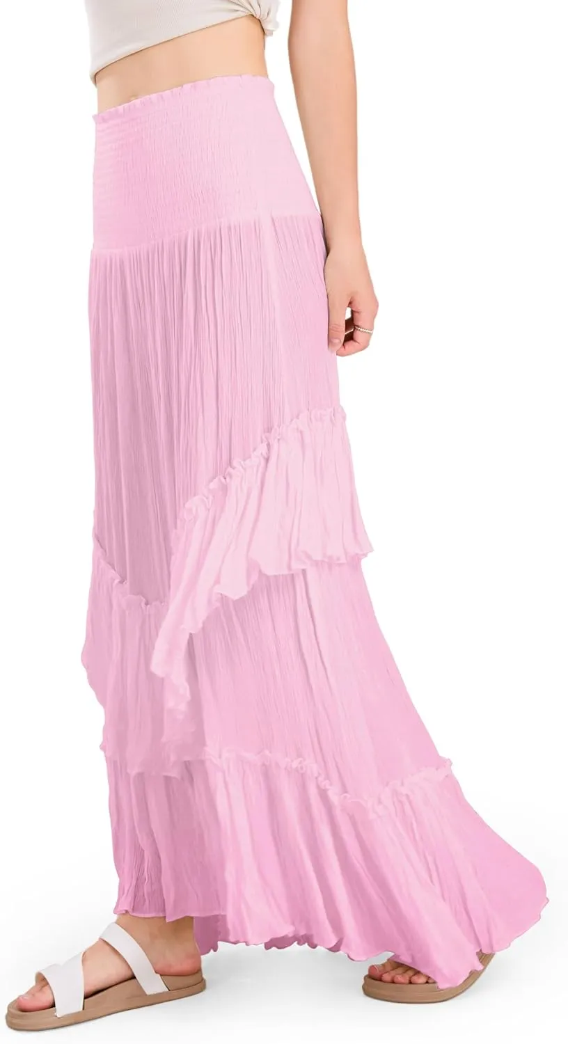 CHARTOU Women Boho Maxi Convertible Skirt Wide Smocked Elastic Waist Asymmetric Ruffle Strapless Dress