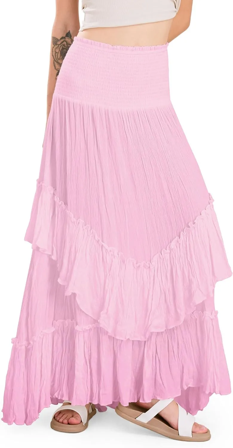CHARTOU Women Boho Maxi Convertible Skirt Wide Smocked Elastic Waist Asymmetric Ruffle Strapless Dress