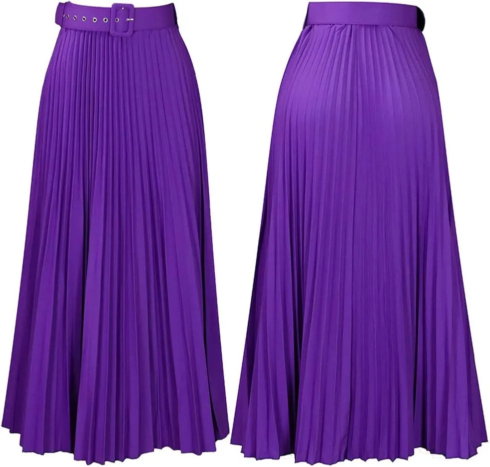 CHARTOU Women Elastic Waist Maxi Pleated Skirt Ruffle Long Skirt Club Party Flowy A Line Skirt with Belt
