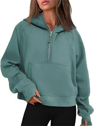 CHARTOU Women Zip Up Hoodie Oversized Sweatshirt Hooded Quarter Zip Pullover Cute Hoodies Y2k Fleece Hoodie