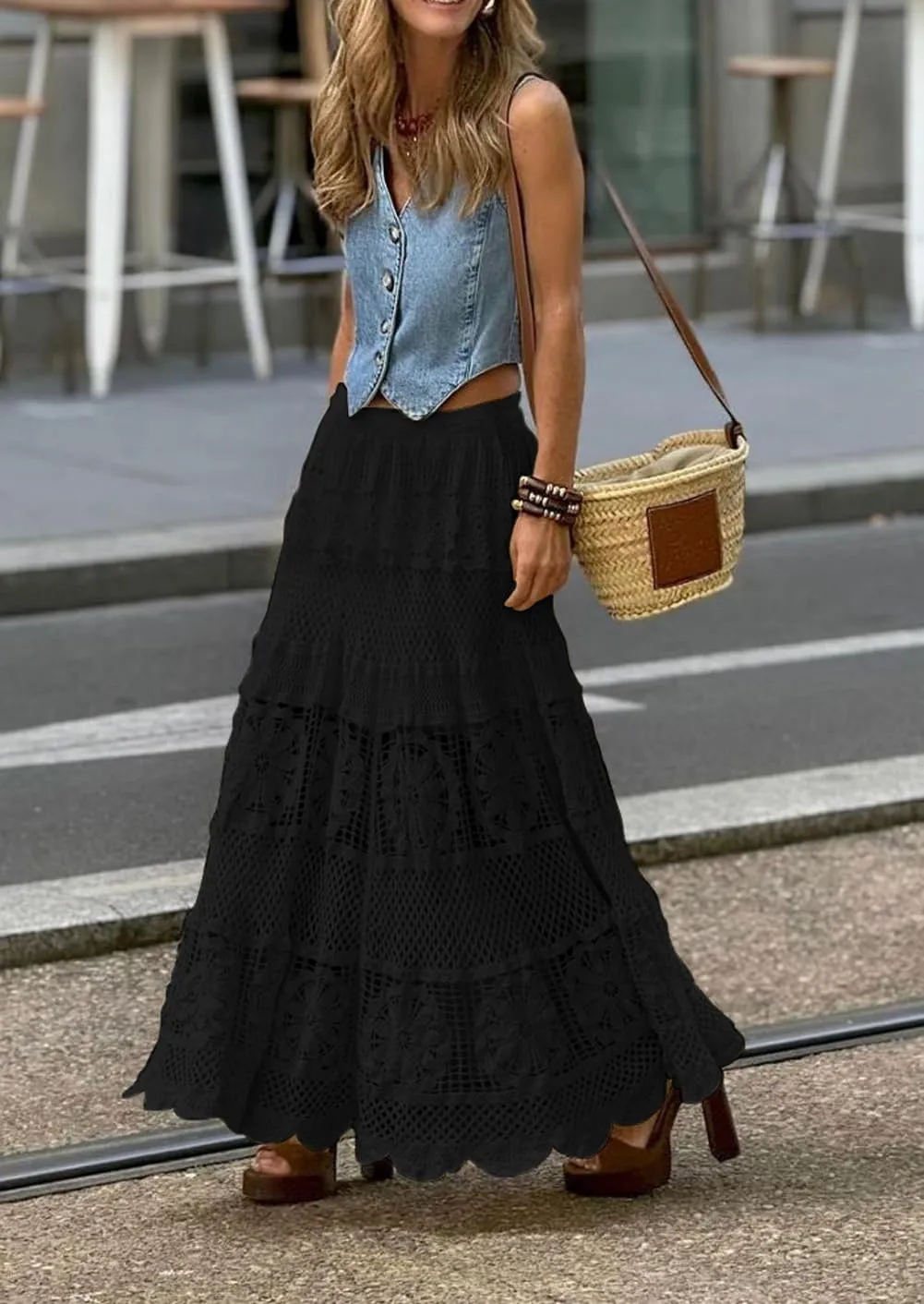 chouyatou Women's Western Floral Lace Crochet Knit Maxi Boho Skirt A-Line Eyelet Hippie Flowy Long Skirt