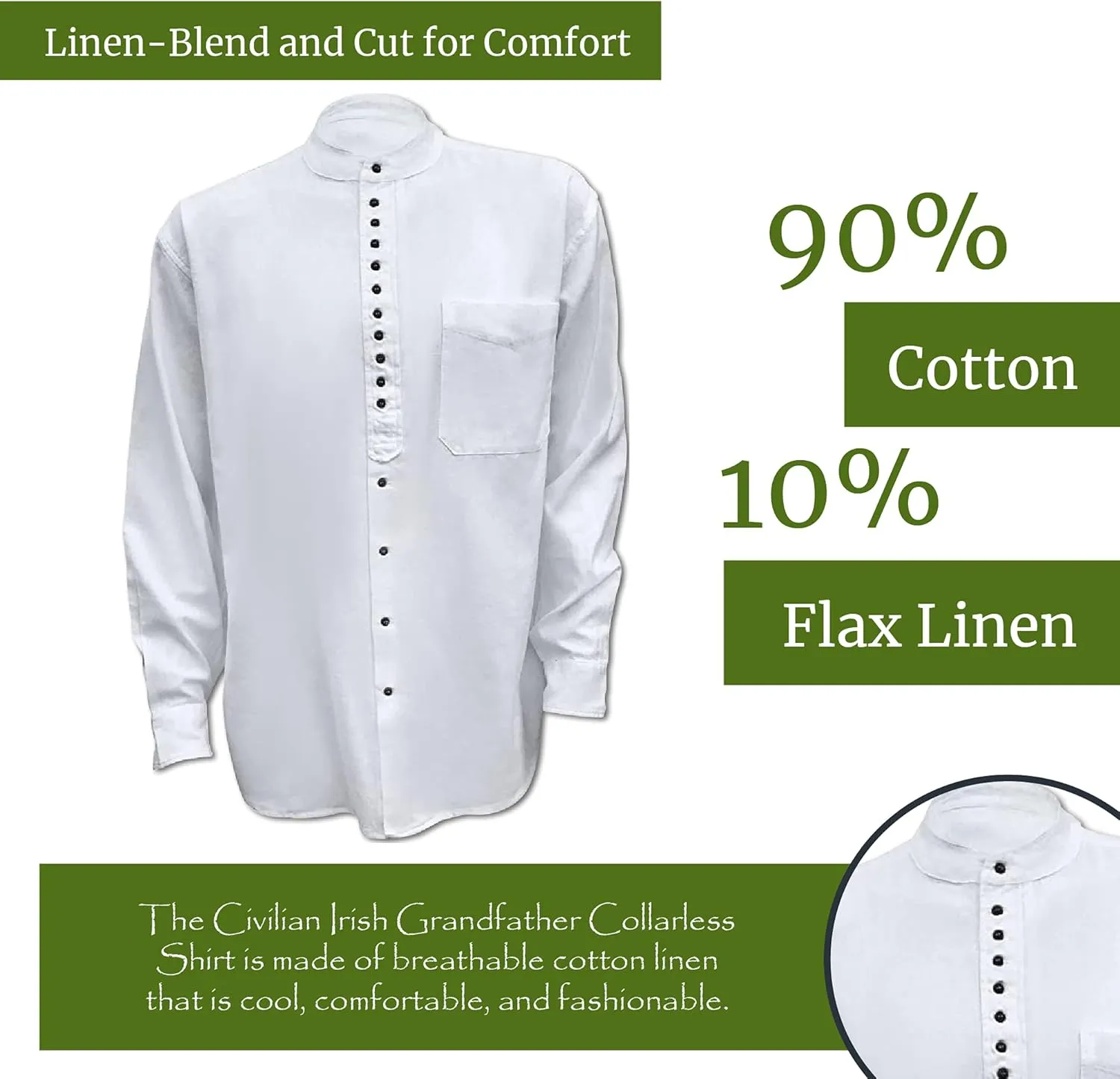 Civilian Irish Grandfather Collarless Shirt, Cotton and Linen Long-Sleeve Traditional Irish Shirt