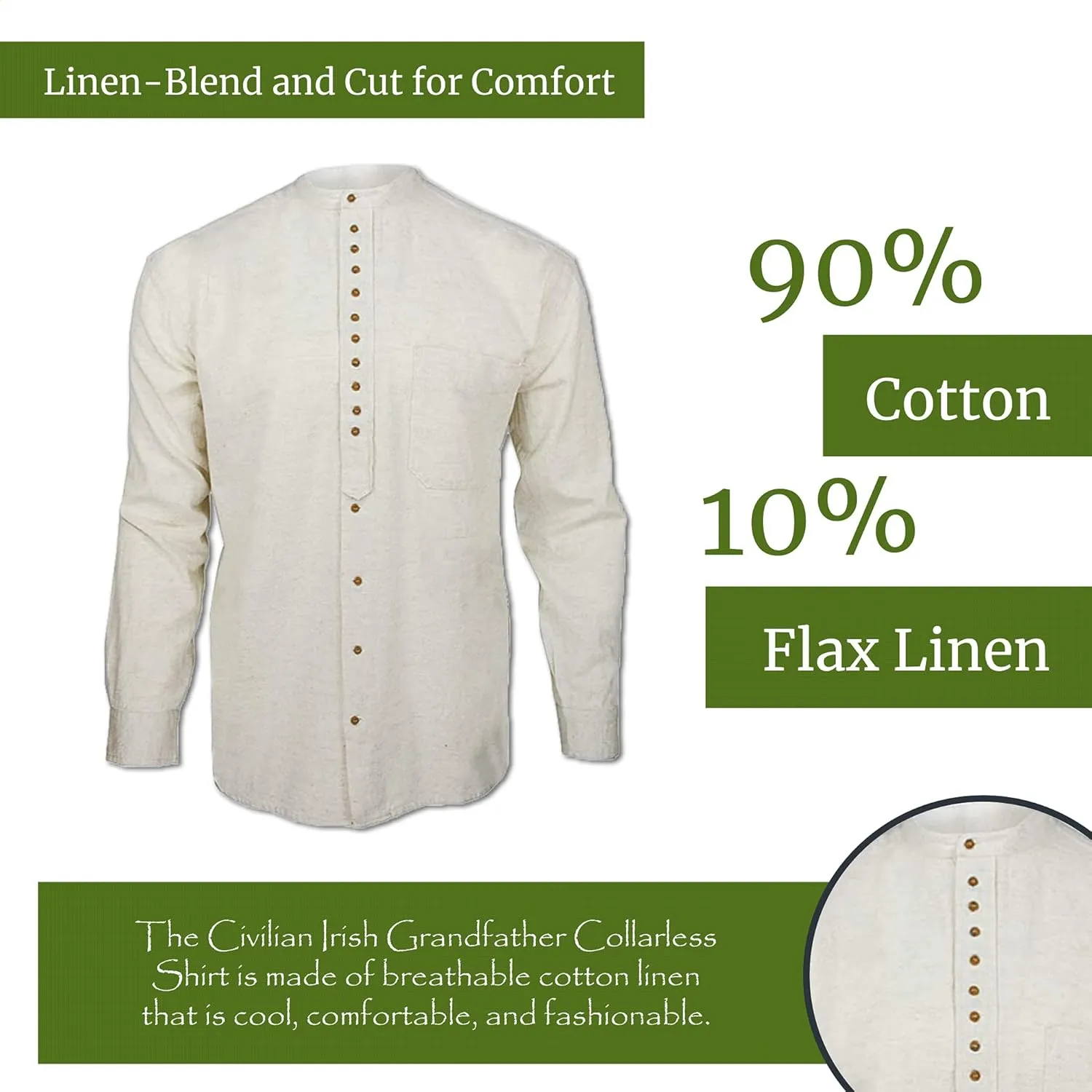 Civilian Irish Grandfather Collarless Shirt, Cotton and Linen Long-Sleeve Traditional Irish Shirt
