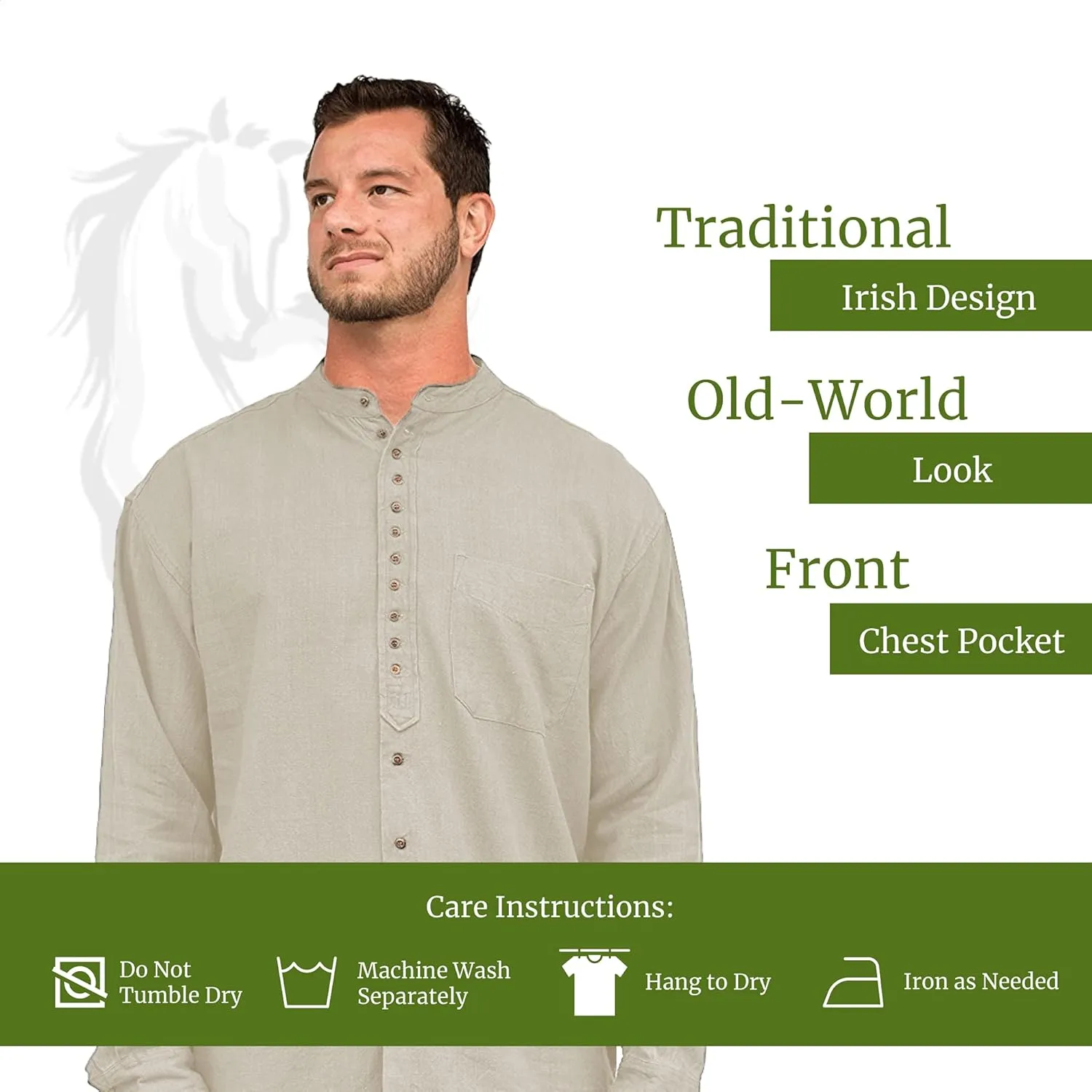 Civilian Irish Grandfather Collarless Shirt, Cotton and Linen Long-Sleeve Traditional Irish Shirt