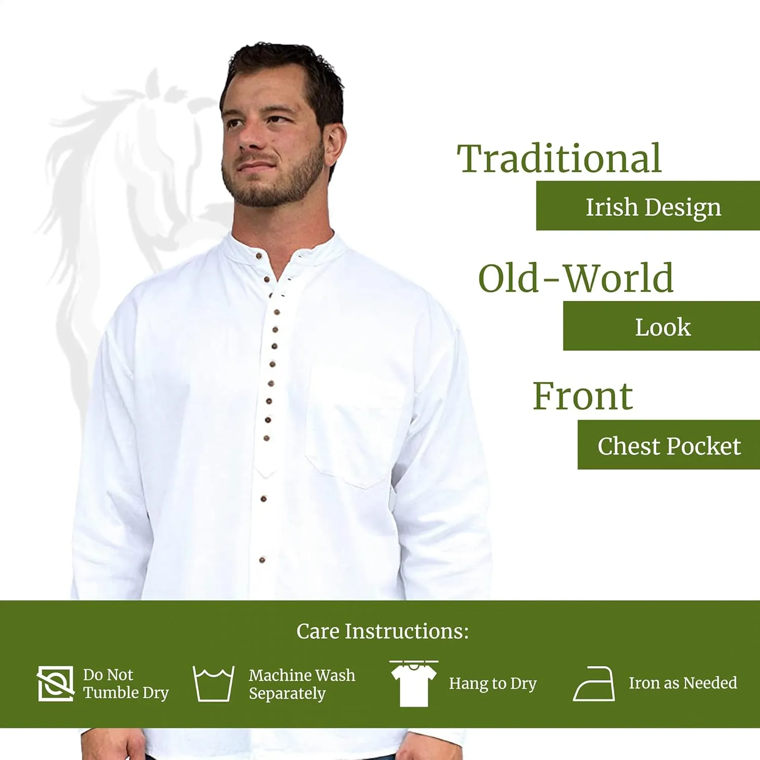 Civilian Irish Grandfather Collarless Shirt, Cotton and Linen Long-Sleeve Traditional Irish Shirt