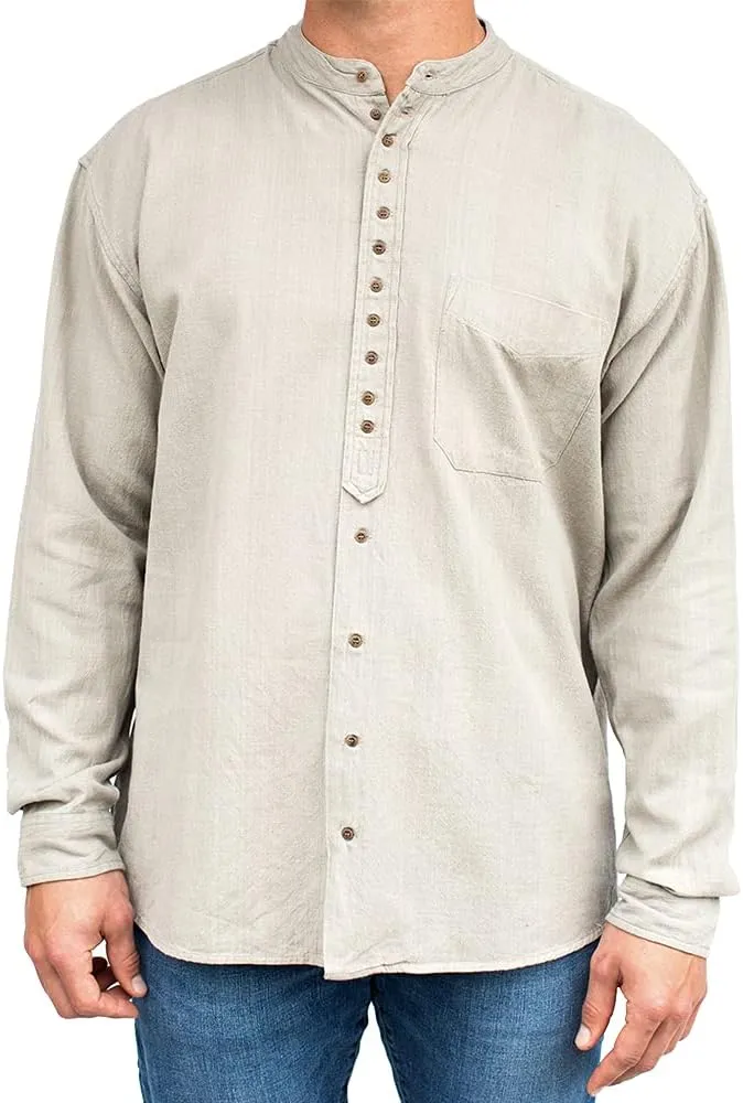 Civilian Irish Grandfather Collarless Shirt, Cotton and Linen Long-Sleeve Traditional Irish Shirt