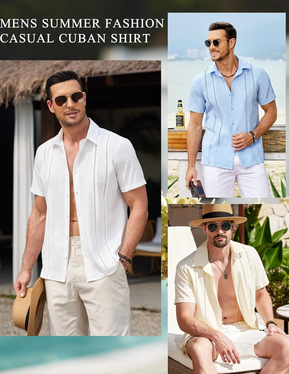COOFANDY Men's Cuban Guayabera Shirt Summer Beach Vacation Shirt Casual Short Sleeve Button Down Resort Wear