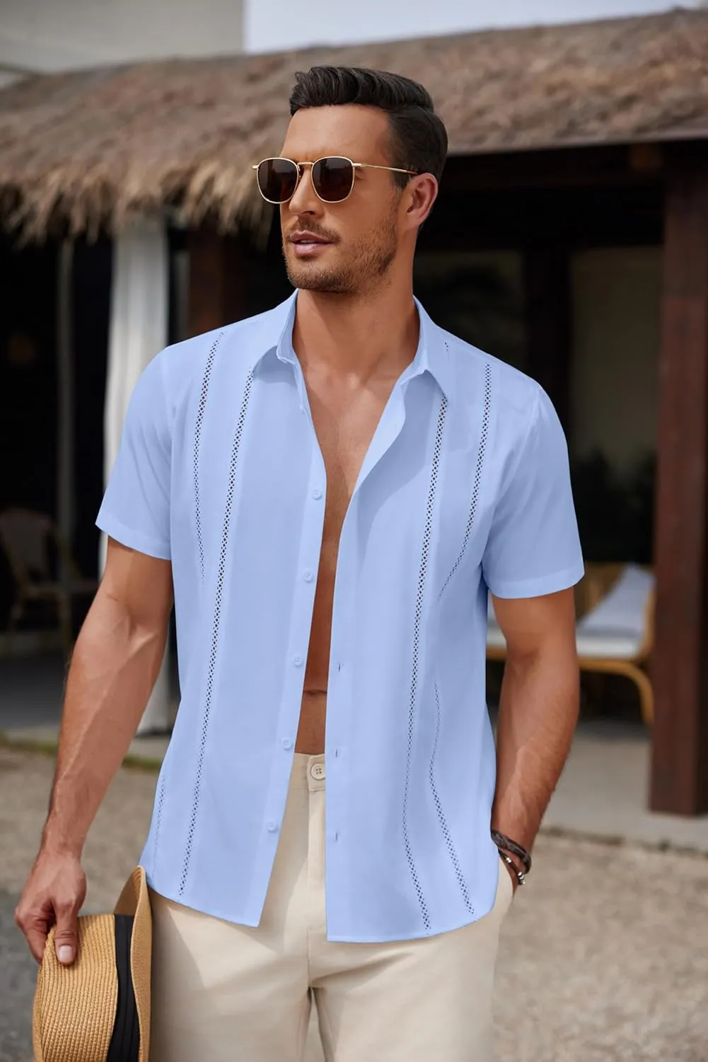 COOFANDY Men's Cuban Guayabera Shirt Summer Beach Vacation Shirt Casual Short Sleeve Button Down Resort Wear
