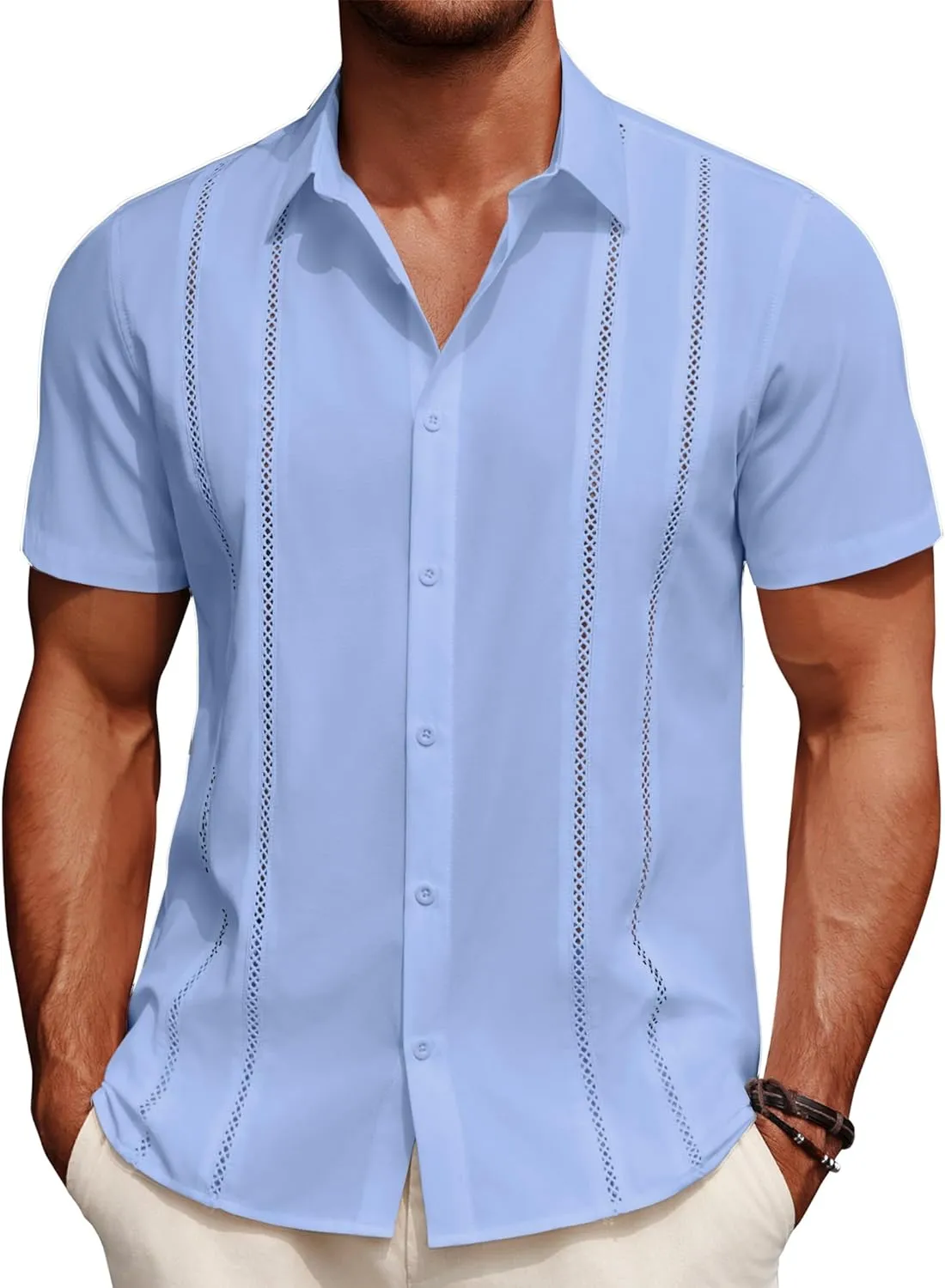 COOFANDY Men's Cuban Guayabera Shirt Summer Beach Vacation Shirt Casual Short Sleeve Button Down Resort Wear