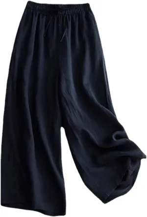 Cotton Linen Capri Pants for Women Casual Summer Wide Leg Palazzo Capris Elastic Waist Loose Flowy Cropped Trousers