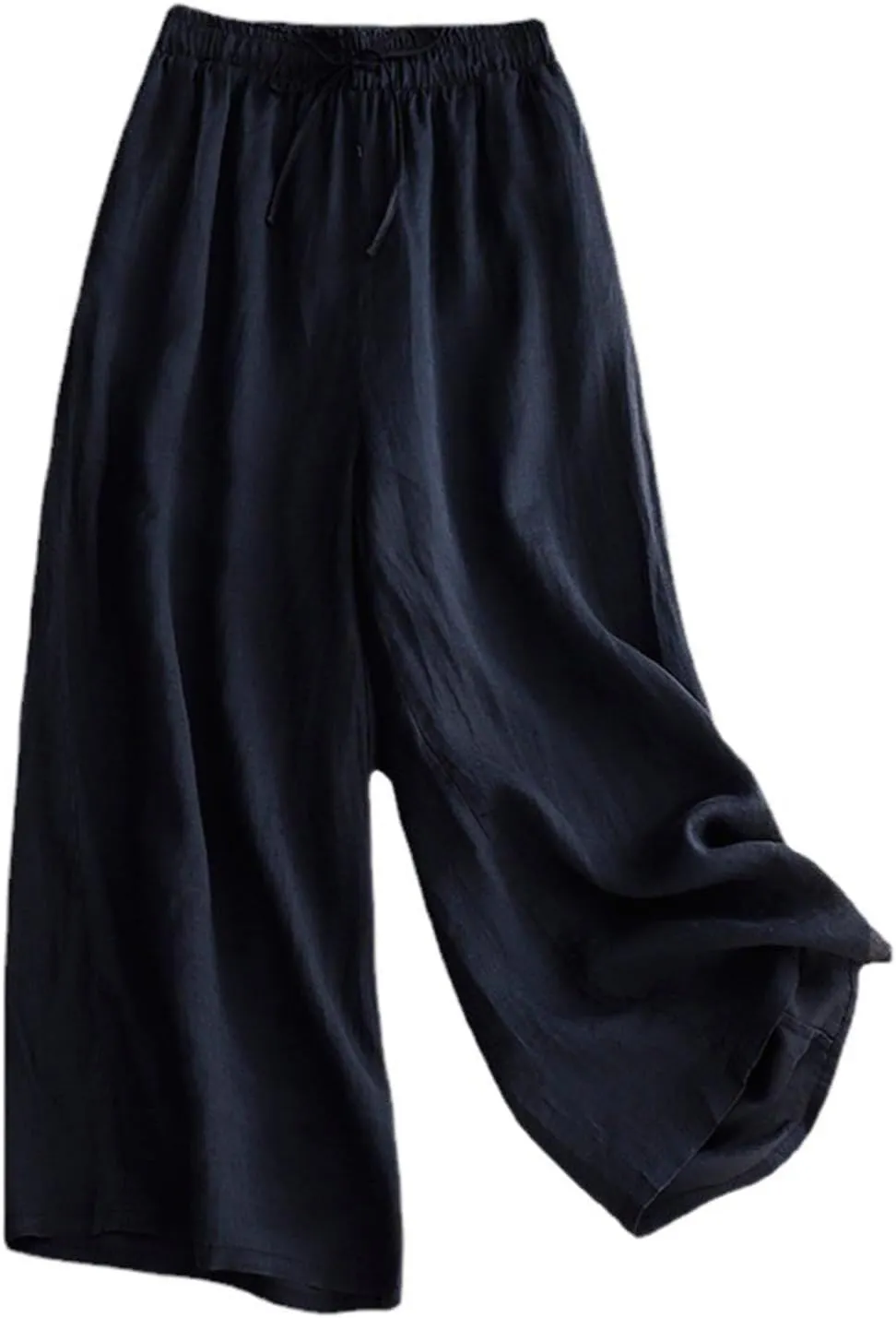 Cotton Linen Capri Pants for Women Casual Summer Wide Leg Palazzo Capris Elastic Waist Loose Flowy Cropped Trousers