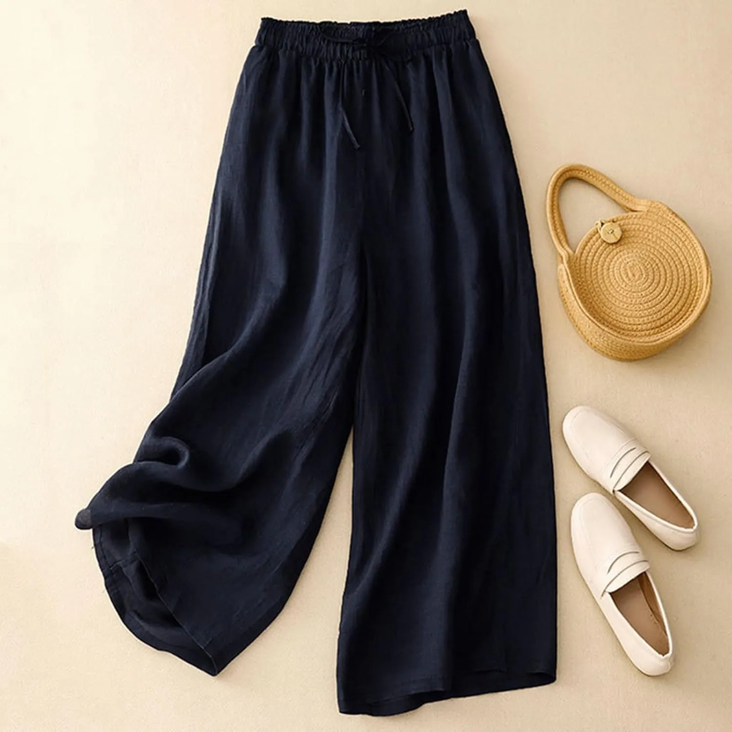 Cotton Linen Capri Pants for Women Casual Summer Wide Leg Palazzo Capris Elastic Waist Loose Flowy Cropped Trousers