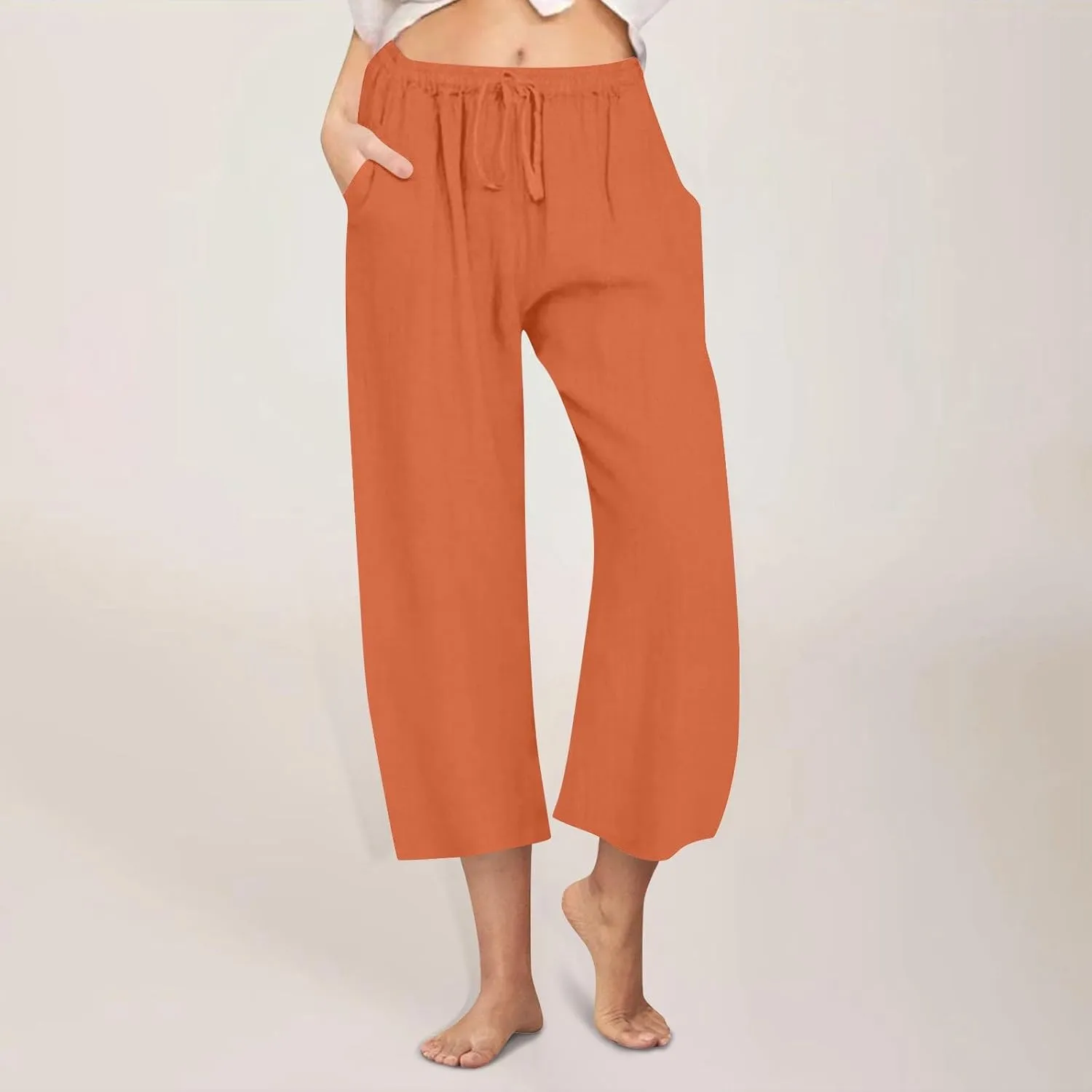 Cotton Linen Pants for Women 2025 Wide Leg Loose Fit Cropped Trousers Drawstring Elastic Waist Summer Beach Pant