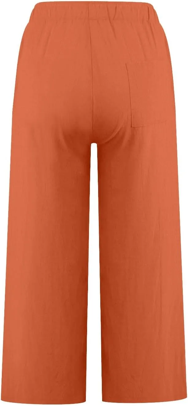 Cotton Linen Pants for Women 2025 Wide Leg Loose Fit Cropped Trousers Drawstring Elastic Waist Summer Beach Pant