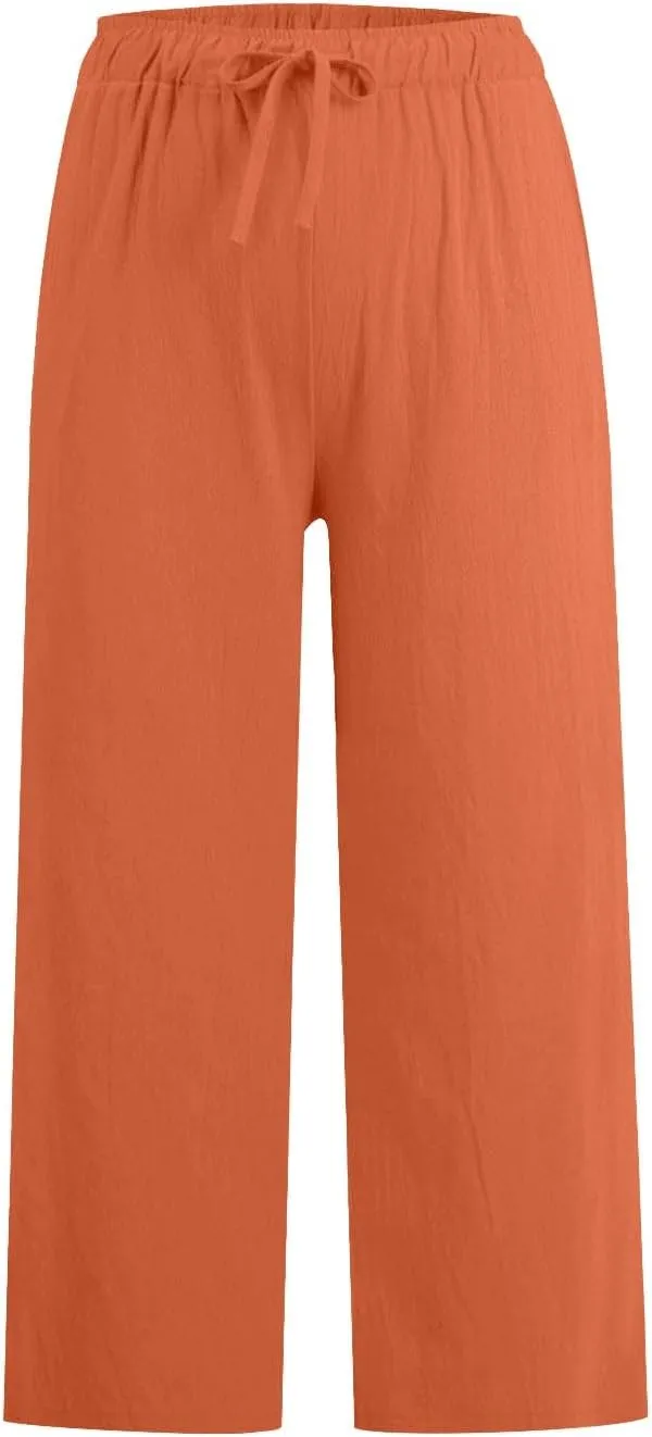 Cotton Linen Pants for Women 2025 Wide Leg Loose Fit Cropped Trousers Drawstring Elastic Waist Summer Beach Pant