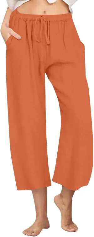 Cotton Linen Pants for Women 2025 Wide Leg Loose Fit Cropped Trousers Drawstring Elastic Waist Summer Beach Pant