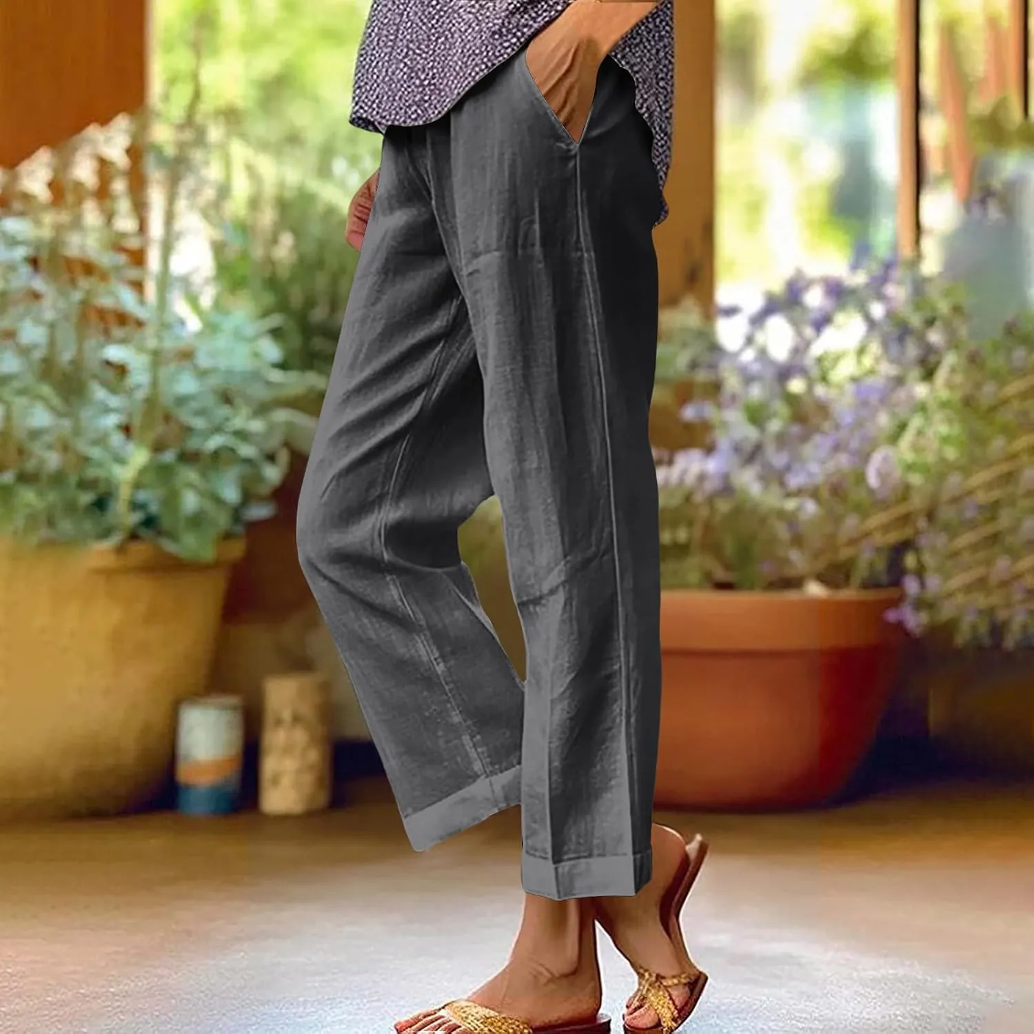 Cotton Linen Pants Women Plus Size High Waisted Cropped Lounge Trousers Casual Summer Wide Leg Beach Pant