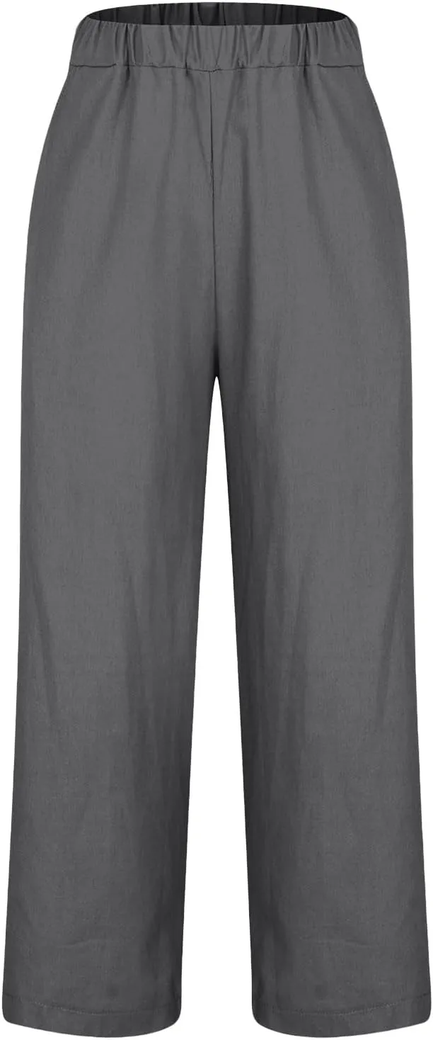 Cotton Linen Pants Women Plus Size High Waisted Cropped Lounge Trousers Casual Summer Wide Leg Beach Pant