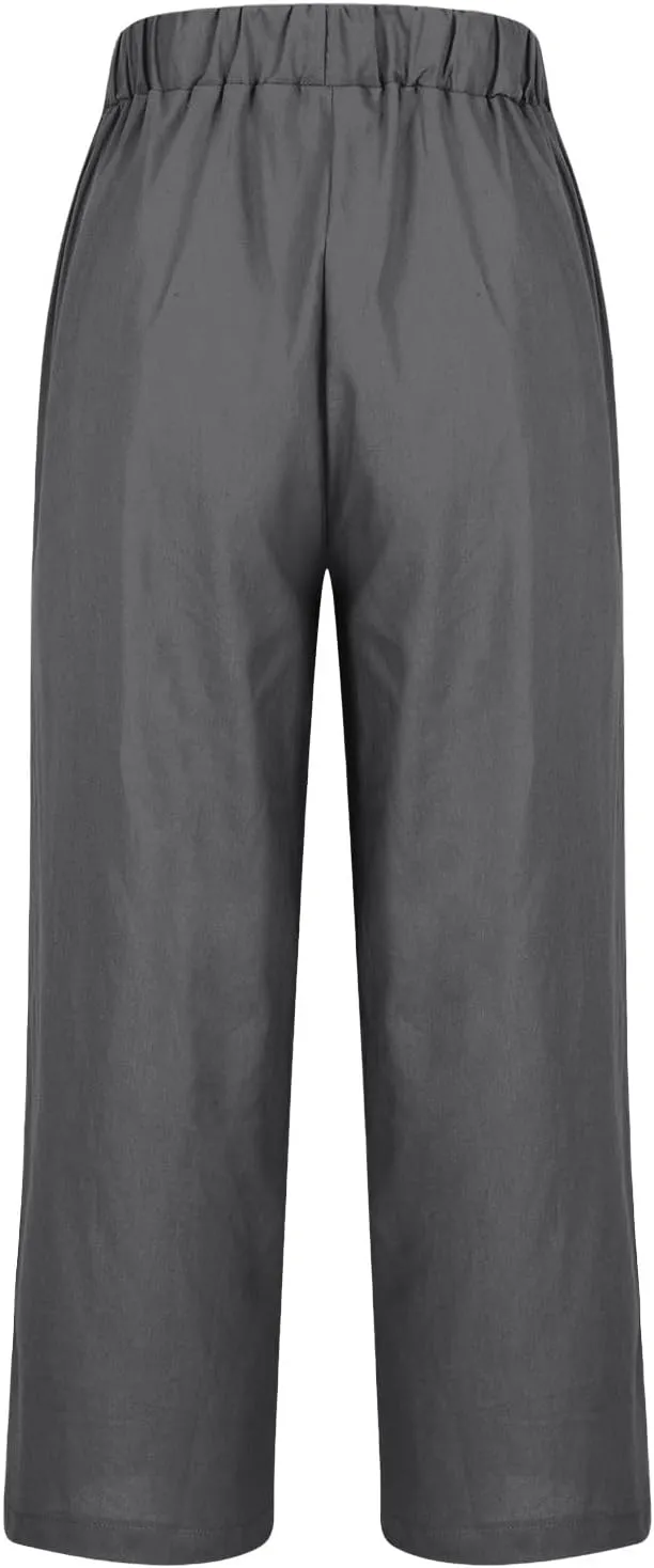 Cotton Linen Pants Women Plus Size High Waisted Cropped Lounge Trousers Casual Summer Wide Leg Beach Pant