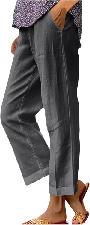 Cotton Linen Pants Women Plus Size High Waisted Cropped Lounge Trousers Casual Summer Wide Leg Beach Pant