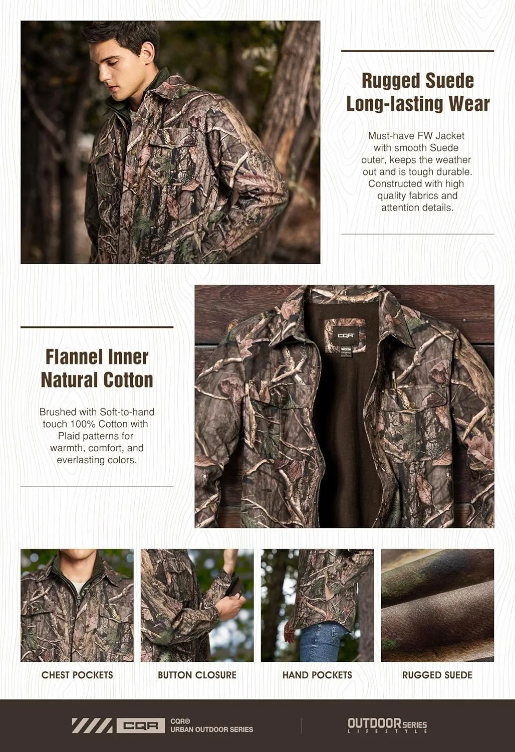 CQR Men's Flannel Lined Shirt Jackets, Long Sleeved Rugged Plaid Cotton Brushed Suede Shirt Jacket