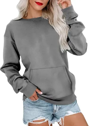 Crew Neck Sweatshirts Women Fleece Long Sleeve Cute Sweatshirts No Hooded Preppy Soft Tunic Hoodie with Pockets