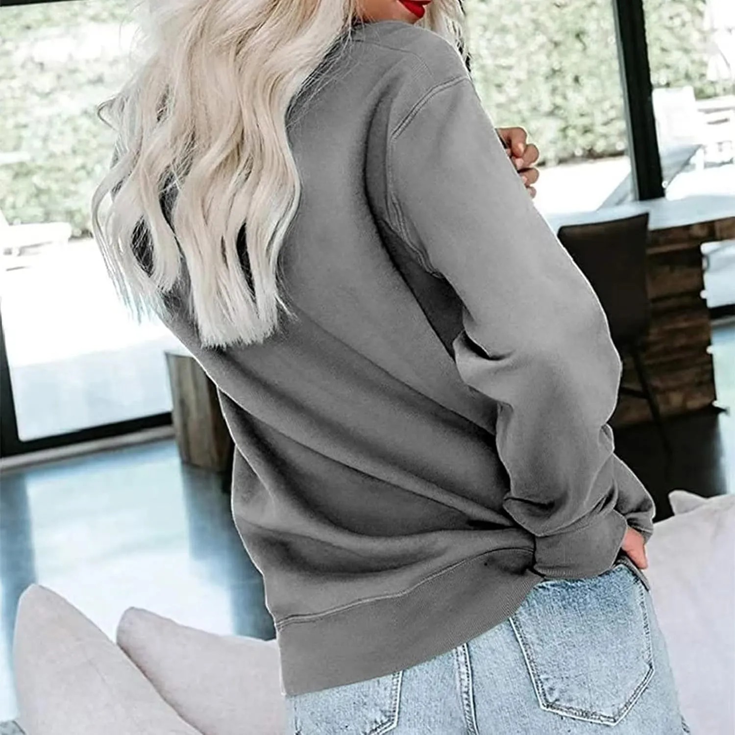 Crew Neck Sweatshirts Women Fleece Long Sleeve Cute Sweatshirts No Hooded Preppy Soft Tunic Hoodie with Pockets