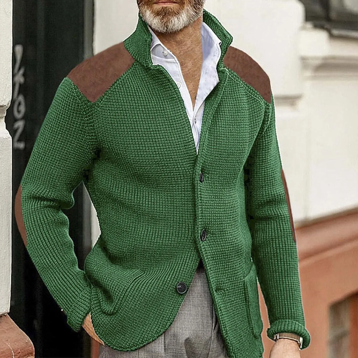 CRNTCEM Mens Cardigan Sweater Shawl Collar Button Down Warm Knitted Sweaters Plus Size Elbow Patch Winter Chunky Cardigans