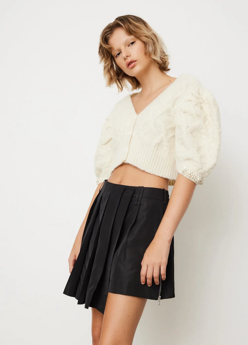 Cropped Short Puff Sleeve Cardigan With Beading