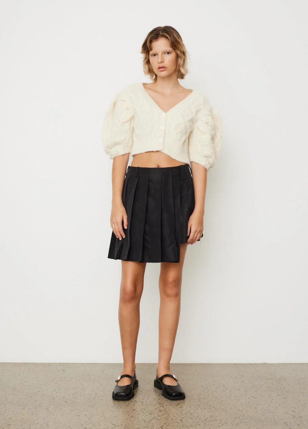 Cropped Short Puff Sleeve Cardigan With Beading