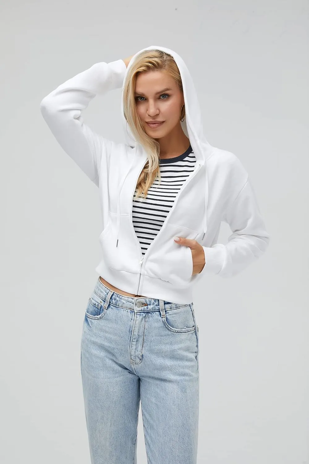 Cropped Zip Up Hoodie Women White Black Grey Cotton Fleece Zipper Short Crop Sweatshirt Jacket Sweater Oversized