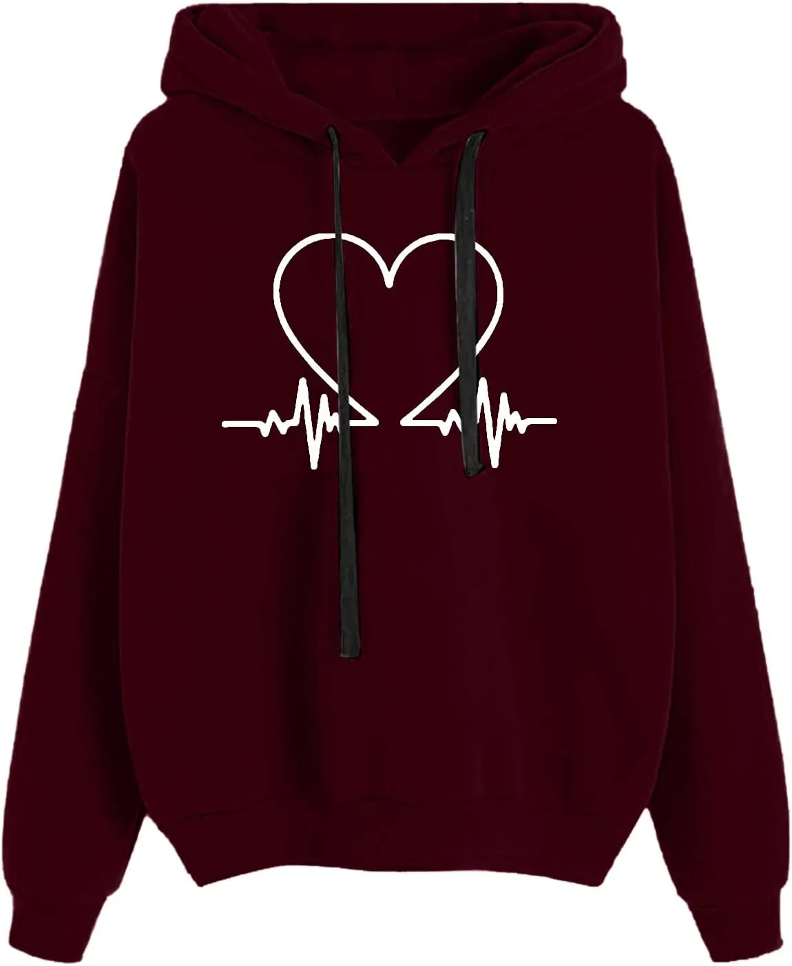Cute Heart Print Hoodies Women Long Sleeve Comfy Sweatshirt Drawstring Oversized Pullover Tops with Pocket Fall Outfit