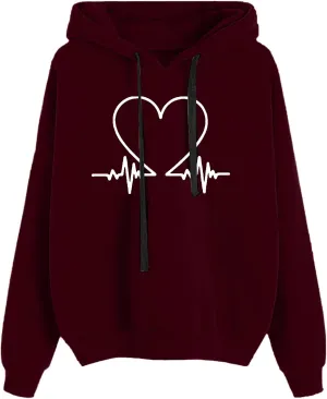 Cute Heart Print Hoodies Women Long Sleeve Comfy Sweatshirt Drawstring Oversized Pullover Tops with Pocket Fall Outfit