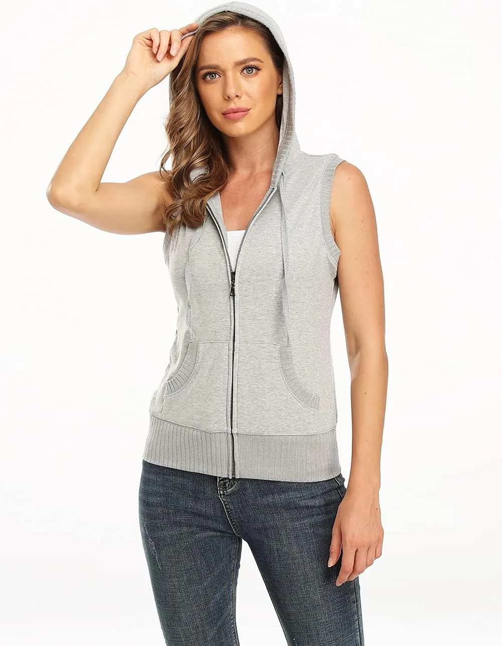 Dilgul Women's Sleeveless Hoodies Zip Up Hooded Vest Casual Sweatshirt with Kanga Pocket
