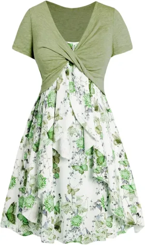 DRESSFO Plus Size Women Floral Butterfly Dress Set Twist Crop Top Set Cottagecore Ruffles Butterfly Cami Dress