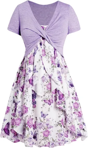 DRESSFO Plus Size Women Floral Butterfly Dress Set Twist Crop Top Set Cottagecore Ruffles Butterfly Cami Dress
