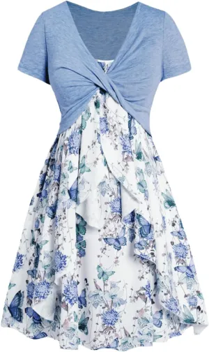DRESSFO Plus Size Women Floral Butterfly Dress Set Twist Crop Top Set Cottagecore Ruffles Butterfly Cami Dress