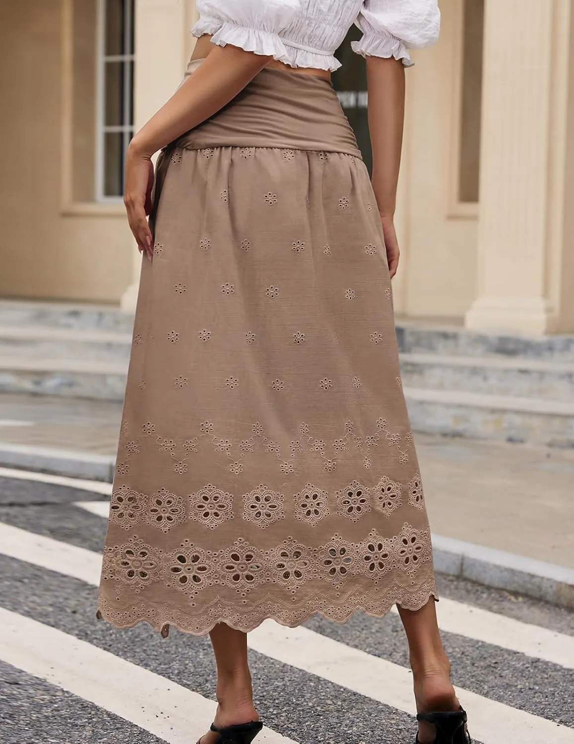 DRESSTELLS Boho Skirt for Women 2025 Lace Embroidery Eyelet High Waist A-Line Flowy Beach Midi Long Skirts