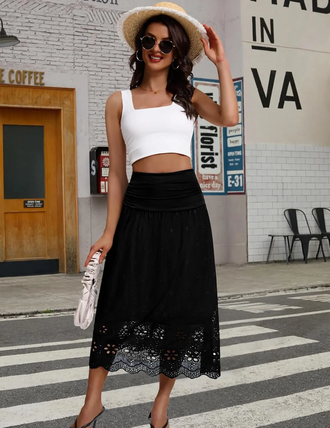 DRESSTELLS Boho Skirt for Women 2025 Lace Embroidery Eyelet High Waist A-Line Flowy Beach Midi Long Skirts