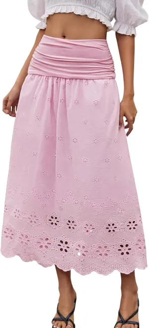 DRESSTELLS Boho Skirt for Women 2025 Lace Embroidery Eyelet High Waist A-Line Flowy Beach Midi Long Skirts
